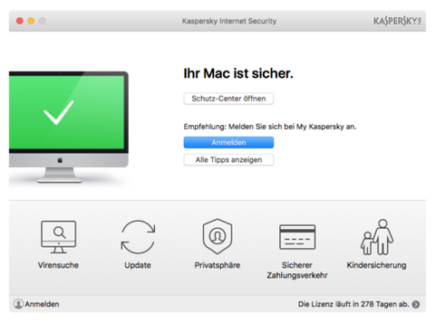 Screenshot von Kaspersky Internet Security wo zeigt das der Mac sicher ist