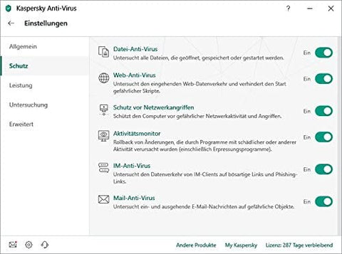 Screenshot der Einstellmöglichkeiten von Kaspersky Anti-Virus