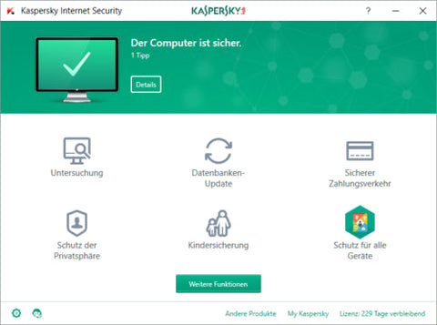 Screenshot von Kaspersky Internet Security, wo zeigt das der Computer sicher ist