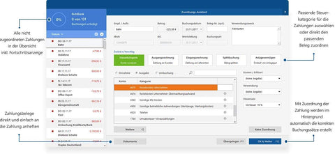 Screenshot vom Zuordnungs-Assistenten in Screenshot von Zahlungseingängen in WISO Mein Büro 365 Plus